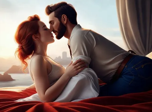 leaning in to a kiss romantically laying the woman on the bed ,romantic scene,loving couple sunrise,honeymoon,romantic portrait,romantic look,flightless bird,twilight,pompadour,adores,dusk background,