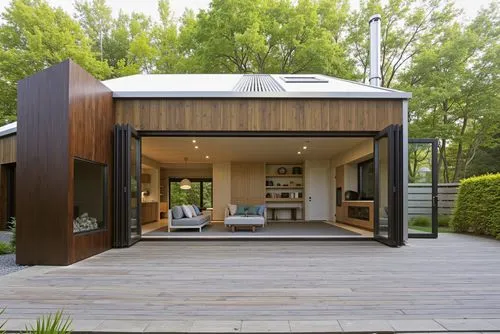 A modern open-plan cabin with large sliding glass doors, natural wood paneling, an outdoor fireplace, and a deck, set against a forest backdrop with lush vegetation.,an outdoor living area with wooden