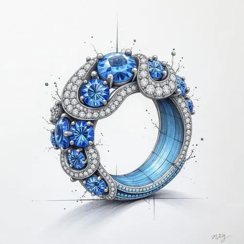 Generate a gemstone ring with a shape of splashing waves, fill it with diamonds and sapphires and add some details. I want this picture to be a one-point perspective drawing of the ring, and the two w