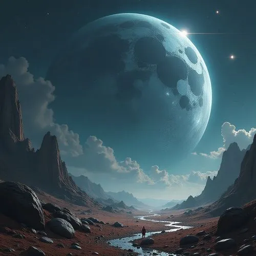 kaling,an alien planet in the middle of a desert landscape,lunar landscape,moon valley,valley of the moon,moonscape,alien planet,moon and star background,Conceptual Art,Sci-Fi,Sci-Fi 01