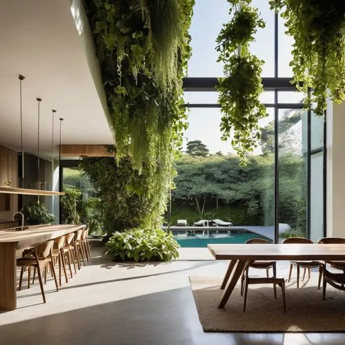 The space should feature large windows that allow ample natural light to flow in, creating a warm and soft illumination throughout. Include a variety of plants in different sizes, such as a mix of lar