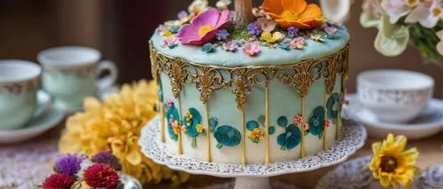 Whimsical shroom cake, colorful mushroom-shaped cake, creamy white frosting, sprinkles, multi-tiered, ornate golden decorations, delicate edible flowers, soft focus, warm lighting, afternoon tea party