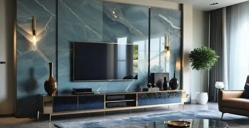 A modern Tv wall design for a modern Villa .,a room with a blue, white, and beige design,interior modern design,modern decor,luxury bathroom,contemporary decor,modern room,interior decoration