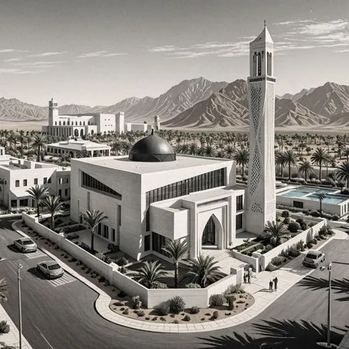a white building with a black dome sitting on top of it's roof,alabaster mosque,big mosque,grand mosque,mosques,city mosque,mosque,star mosque,djellaba,minarets,hajjis,to mosque,caliphs,seminaries,sul