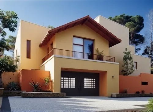 Un portón moderno de metal DE ALUMINIO INMITACION MADERA, con dos grandes paneles, con un diseño de cuadrícula uniforme hecha de cuadros de vidrio esmerilado o acrílico translúcido.,a brown and tan ho