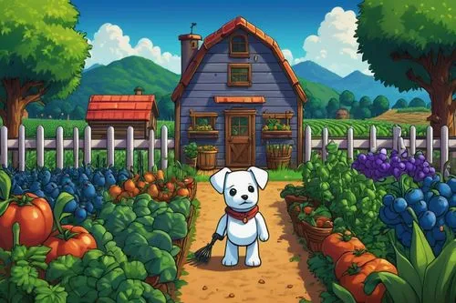 Stardew Valley, AI robot, futuristic farm, greenery surroundings, warm sunny day, blue sky with few white clouds, rolling hills, vast fields of crops, farm tools scattered around, rustic wooden fence,