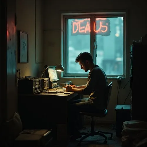 Within a decrepit apartment, illuminated solely by the flickering light of a malfunctioning neon sign outside the window, a man sits at a cluttered desk. Surrounded by obsolete electronics and stacks 