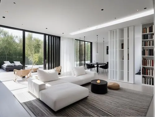 An ethereal photograph, A detailed, serene oil painting: In a contemporary, minimalist house, the white exterior contrasts with a monochromatic black wood deck. Blacksofa and Ethnic carpet. Modern min
