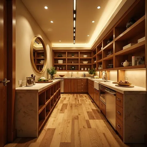 Vibrant pantry, warm beige walls, polished chrome fixtures, recessed ceiling lights, soft LED strips, under-cabinet lighting, glass-front cabinets, open shelving, natural stone countertops, rich wood 
