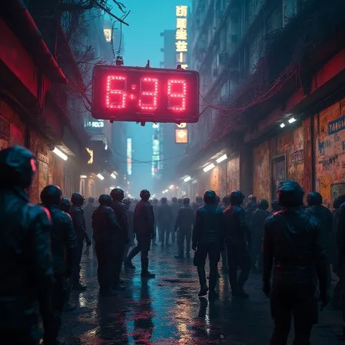 Create a cinematic image of a covert uprising within a dystopian cyber metropolis. Dark, narrow alleys pulse with cybernetic energy as erratic neon signs and holographic graffiti ignite the urban deca