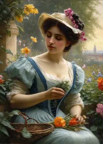 """A Tender Moment in the Garden"" von Federico Andreotti (1847–1930)",girl picking flowers,girl in flowers,emile vernon,girl in the garden,holding flowers,beautiful girl with flowers,bougereau,splend