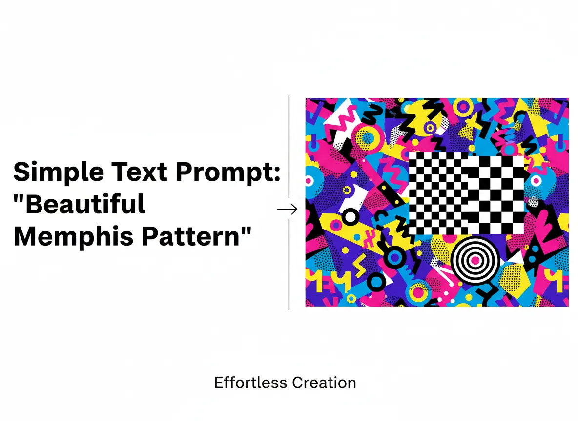 Ein geteiltes Bild, das links eine einfache Texteingabe und rechts ein komplexes, schönes Memphis-Muster zeigt, um die einfache Bedienung hervorzuheben.