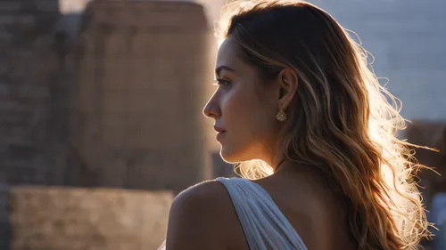 A woman back with  the sun， good result，4k， high frame rate, over-the-shoulder shot,girl in a long dress from the back,profile,half profile,semi-profile,girl in a long dress,woman silhouette,girl in w