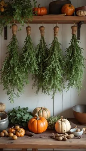 "Design a November wallpaper with a scene of herbs like rosemary, thyme, and sage hanging to dry in a rustic kitchen. Use earthy tones and subtle shadows to create a homely vibe."









,a bunch of