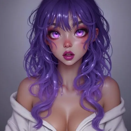a UHD full body image of a beautiful realistic  woman with anime features. aphrodite herself is jealous of. She has vibrant purple hair,  purple eyes, purple lipstick. makeup, light almond skin, multi