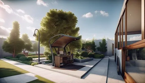 a bench that is under some trees,house trailer,mid century house,tearaway,sansar,cubic house,virtual landscape,cube stilt houses,unturned,modern house,inverted cottage,shaders,skyboxes,thatgamecompany