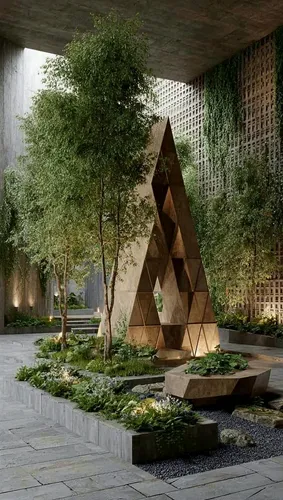 Fixed shot: Light shifts from cool morning to the bright intensity of midday across the central feature.
,sculpture park,garden sculpture,pyramid,9 11 memorial,courtyard,garden of plants,pyramidal,pub