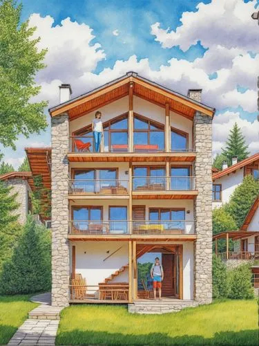 _1726661677665_ a hand-drawn colorful pencil sketch of a chalet house, minimalistic, realistic, drawing on a white canvas looks like a simple child's drawing with a lot of different colored elements