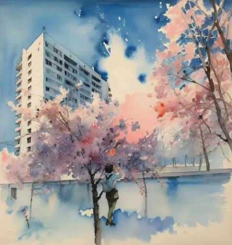 Акварель, сакура,a painting of someone near a tree with building and river in the background,the cherry blossoms,cherry blossoms,watercolor,watercolor painting,watercolor tree,watercolor sketch