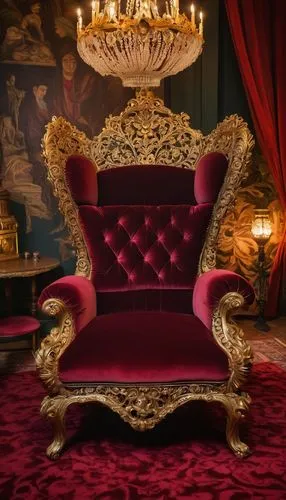 Luxurious Victorian-era queen, ornate throne-like chair, intricately carved wooden armrests, velvet upholstery, golden accents, lavish drapery, heavy crimson curtains, richly patterned rug, antique fu