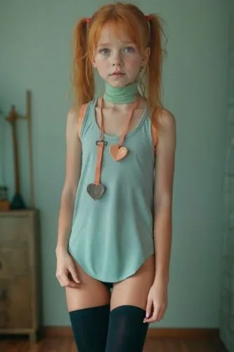 tank top and thigh highs of different colors,a red - haired girl with the same accessories poses,redhead doll,gingerbread girl,pigtails,little girl ballet,pigtailed,little girl fairy,model doll,childr