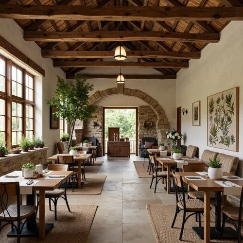 Rustic farmhouse dining hall, reclaimed wood beams, stone walls, earthy color palette, natural textiles, woven baskets, potted greenery, wooden farm tables, vintage metal chairs, pendant lanterns, sof