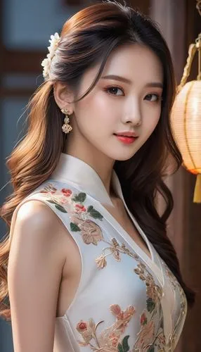 一个女孩
典雅古韵，长发飘逸，温柔笑容

旗袍装束，曼妙身姿，东方韵味

清新脱俗，淡雅妆容，秀外慧中

自然光下，肌肤如雪，柔和光影,the woman is dressed in an oriental style dress,nana,egwene,autumn background,yingjie,jilong,jingqian,Photography,General,Natural