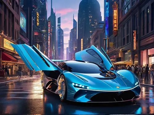Futuristic Atlantis-inspired concept car, sleek metallic body, gull-wing doors, neon blue LED lights, glowing Atlantean symbols on sides, intricate circuitry patterns, iridescent paint job, sharp angu