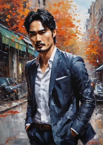 Lee Jin Wook,oil painting on canvas,oil painting,han thom,italian painter,man with umbrella,artist portrait,oil on canvas,persian poet,city ​​portrait,photo painting,world digital painting,luo han guo