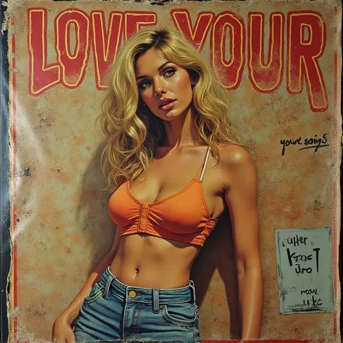 a poster of a girl in orange  in front of a rusted wall,magazine cover,comic book,heart lock,cool pop art,valentine calendar,modern pop art,autographed,valentine day's pin up,pop art,cover,book cover,