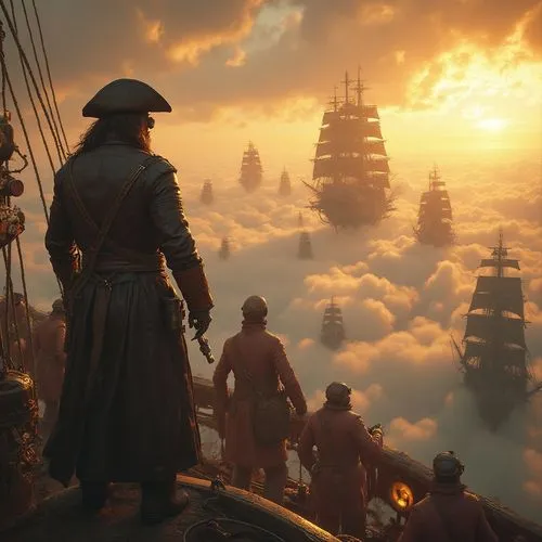 "Steampunk sky pirates standing on the deck of a massive airship, gazing at a colossal fleet of enemy airships approaching through golden clouds. The pirate captain, wearing a long leather coat, aviat
