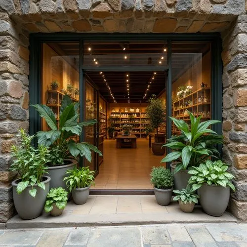  ,a large doorway that has potted plants inside of it,entryway,storefront,anthropologie,store front,patios,patio