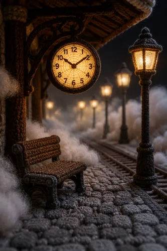 Entire scene knitted and crocheted from soft wool, photographed from an oblique angle, depicting a cozy foggy night train station. A knitted wooden canopy in brown yarn supports a crocheted round cloc