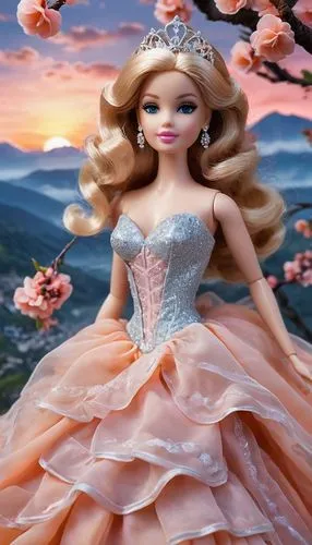Barbie Doll princess, peach layeres gown, silver glitter bodice, soft large frills, creamy chiffon, flowy, breezy, peach clouds, peaches n cream barbie doll, peach trees,Peaches,fairy queen,ball gown,