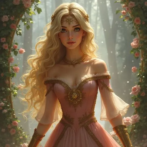 a young woman wearing a fancy dress in the woods,galadriel,rapunzel,fantasy portrait,margairaz,rosa 'the fairy,ellinor,belle,cinderella,reynir,elona,fairy tale character,diana,elven flower,principessa