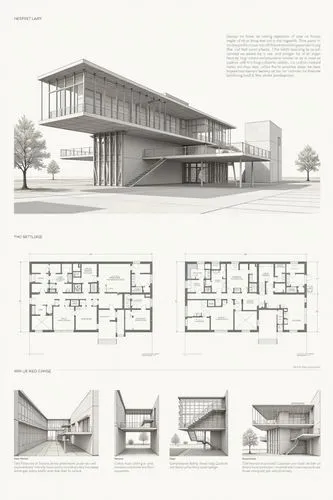 A professional architectural presentation board with a Pure background and a clean, minimalist design layout. The board includes:

Top Section: On the top left, a photorealistic render of a contempora
