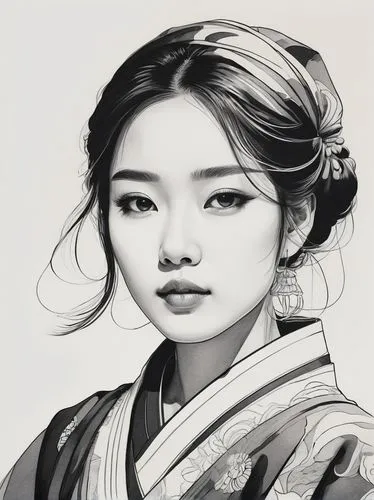 Pen drawing, fresh and creative pen drawing, pen drawing, a painting, Chinese traditional art theater costume, 1 girl, solo, upper body, minimalist lines, close-up, thick line outline, minimalist, fla