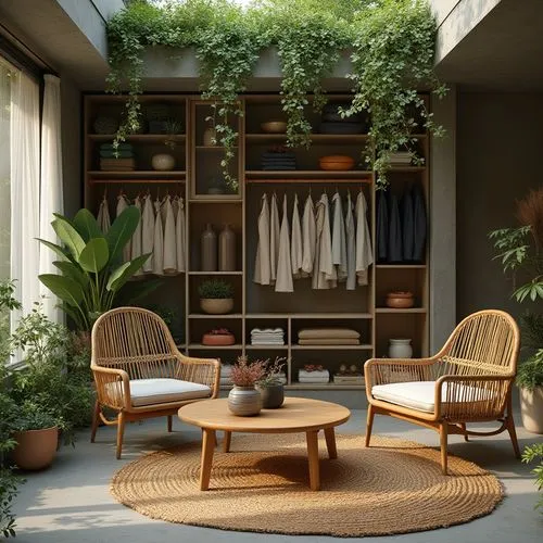 An eco-friendly studio apartment interior, bamboo made chairs and center table, concrete walls and decorated in greenery and flowers, green roof , with opulent ambience. atmosphere is Fall, with a uni