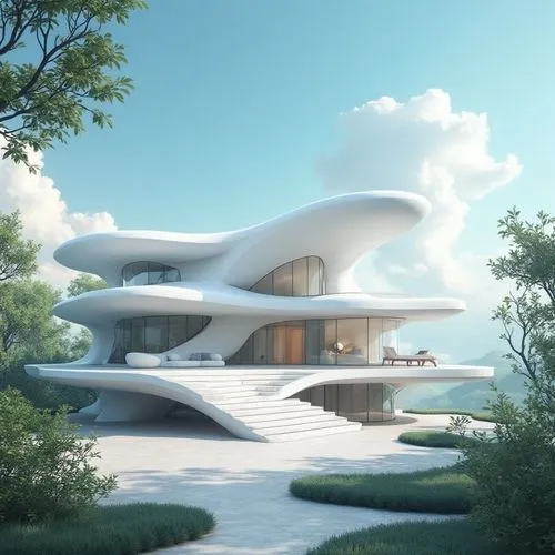 An ethereal 3D architectural masterpiece in the style of Roberto Carlos Gómez Castro — a finely detailed white house with an intricate, elevated on a polished wooden platform. The composition blends c