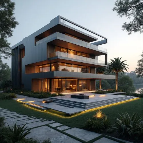 A hyper-realistic, high-resolution architectural photograph of a multi-level, contemporary luxury residence featuring a sleek, geometric design. The exterior is composed of smooth, matte charcoal-gray
