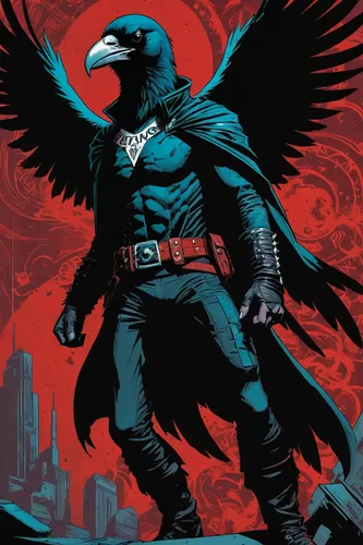 epic raven in a half-turn , dark, dark background, Fullbody, oblic position, dutch angle. punk style. in the background, dark red color with writing in turquoise painting letters "GITANOS" comics, ill