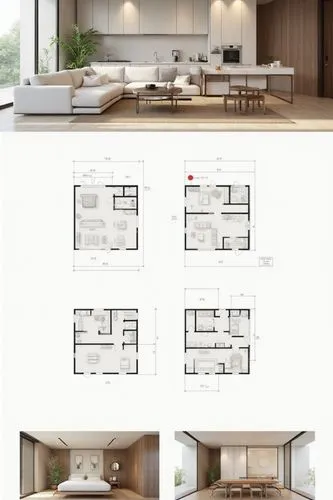 A professional interior design presentation board with a pure white background and a clean, minimalist layout.

**Top Section: On the top left, a photorealistic render of a contemporary interior space