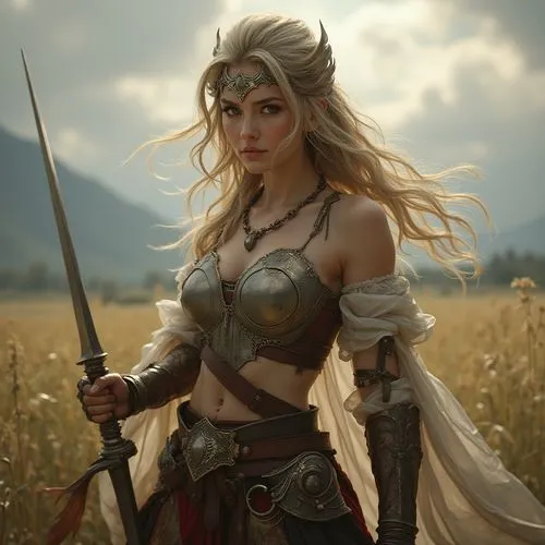 Eine anmutige Kriegerin. Die Königin des Schlachtfeldes.,a woman in armor standing outside with a sword,female warrior,cirta,hippolyta,krietor,warrior woman,rafaela
