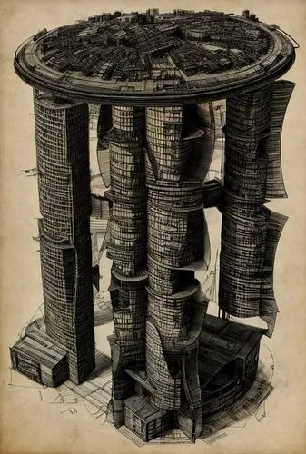 a Modern Building,a drawing of a circular table that appears to be constructed from cardboards,water well,charcoal kiln,wood structure,wooden construction,circular staircase,wooden cable reel,steel to