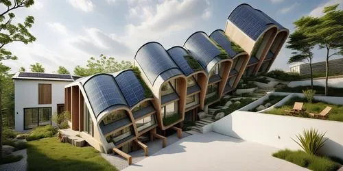 a very large building with a bunch of windows,cube stilt houses,solar cell base,futuristic architecture,inverted cottage,prefabs,roof landscape,solar panels,cubic house,folding roof,sky space concept,