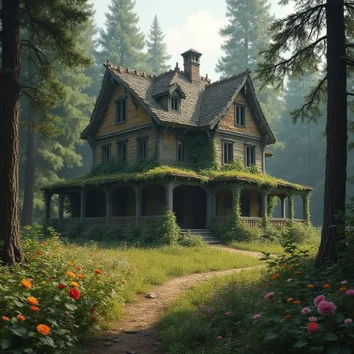 Old mansion in forest, flowers are blooming,  pine-tree,  planty house style,a po of a house in the middle of a forest,house in the forest,lonely house,summer cottage,country cottage,forest house,witc