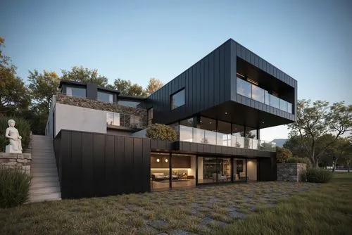 A modern, minimalist, two-story house with a black exterior and large glass windows, situated on a hillside. the house is situated on the right side of the image, with a grassy hillside and trees in t