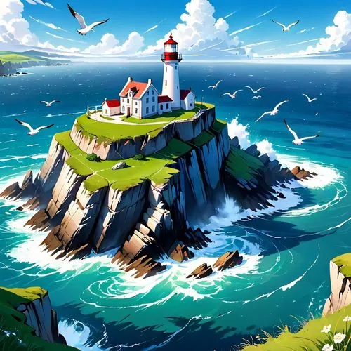 Majestic coastal lighthouse, anime concept art style, a traditional white and red-topped lighthouse with adjacent buildings perched precariously on the edge of a rugged, sheer rocky cliff overlooking 