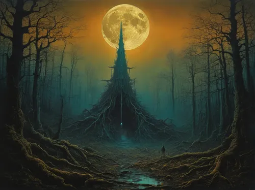 drip Zdzisław Beksiński moon king forest ,hanging moon,witch house,haunted forest,spire,fantasy picture,witch's house,haunted cathedral,ghost forest,devilwood,obelisk,blue moon,hanged man,moonlit nigh