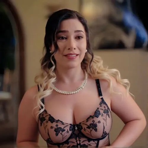 a woman in lingerie smiling while standing up,jasmine sky,bustier,commercial,breasted,jiggle,sierra